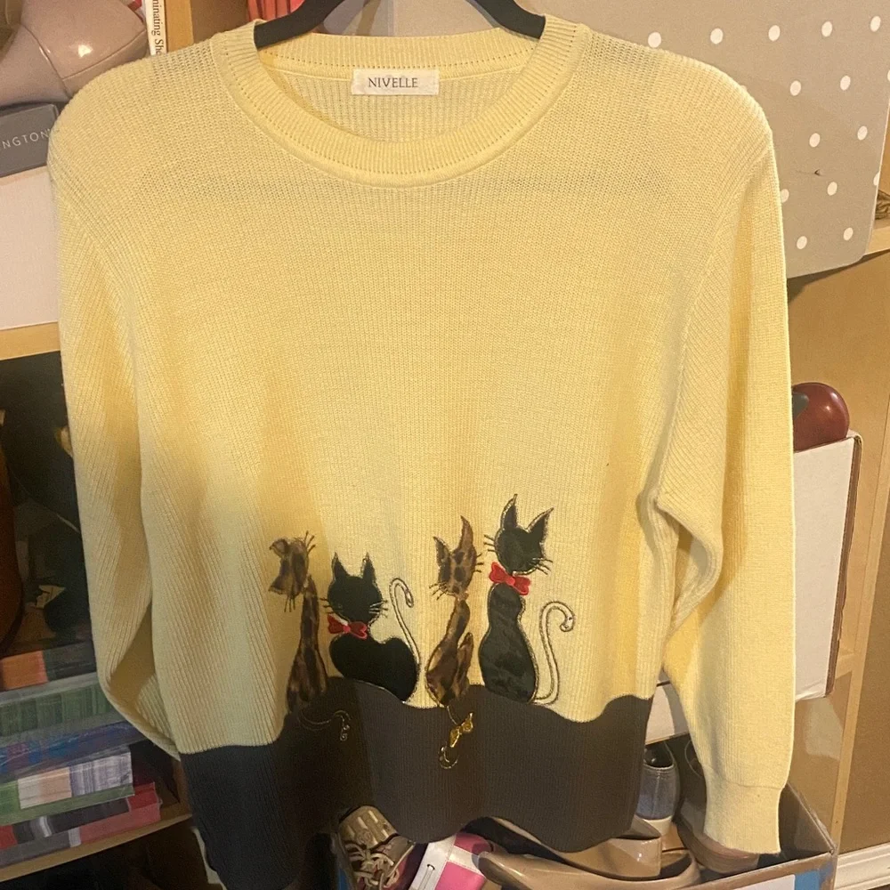 Yellow Cat-Print - patchwork Crewneck Sweater